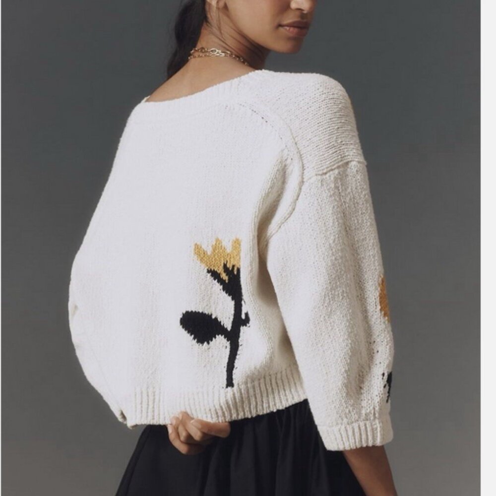 Anthropologie Maeve Elbow Sleeve Cardigan Sweater Floral Size L NWT Large - Picture 4 of 5